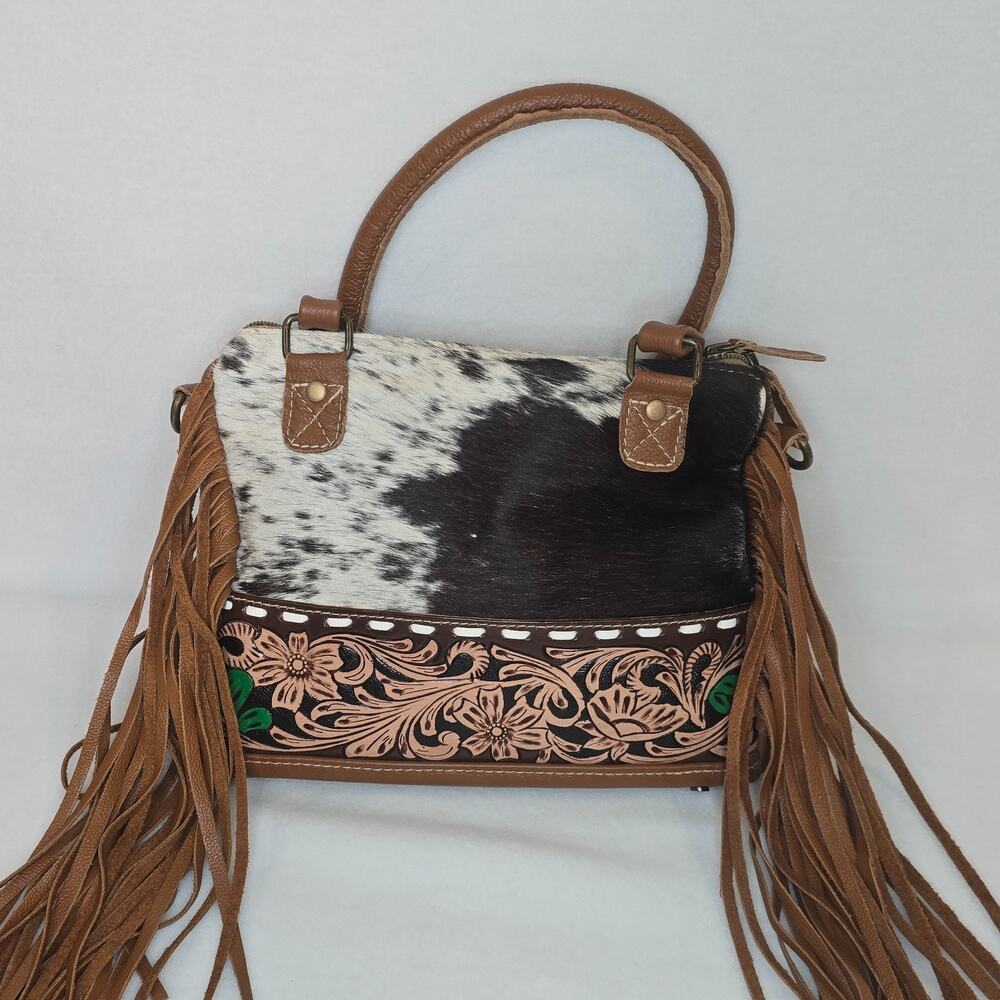 Myra Bag Cowhide Concealed Carry Purse Western Fringe Tooled Leather